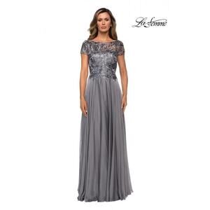 LA FEMME NEW $378 Lace Bodice Floor Length Evening Gown in Platinum Size 18